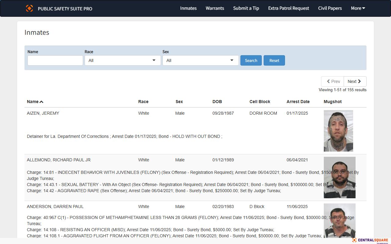 Assumption Parish inmate roster search interface